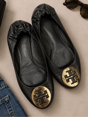 Tory Burch Reva Ballet Flats Womens 7.5 Black Leather Gold Logo Slip On Shoes